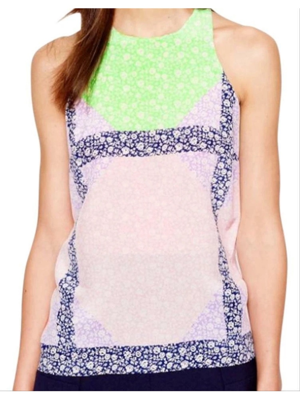 J. Crew Silk Green, Pink, Purple, and Blue Floral Sleeveless Blouse Size 8 EUC